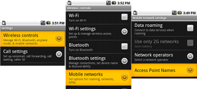 Settings, Wireless Controls, Mobile Networks, Access Point Names