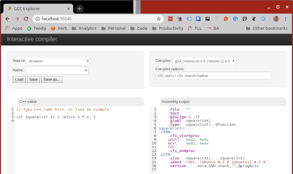 Screen capture of the GCC Explorer website as of its first commit